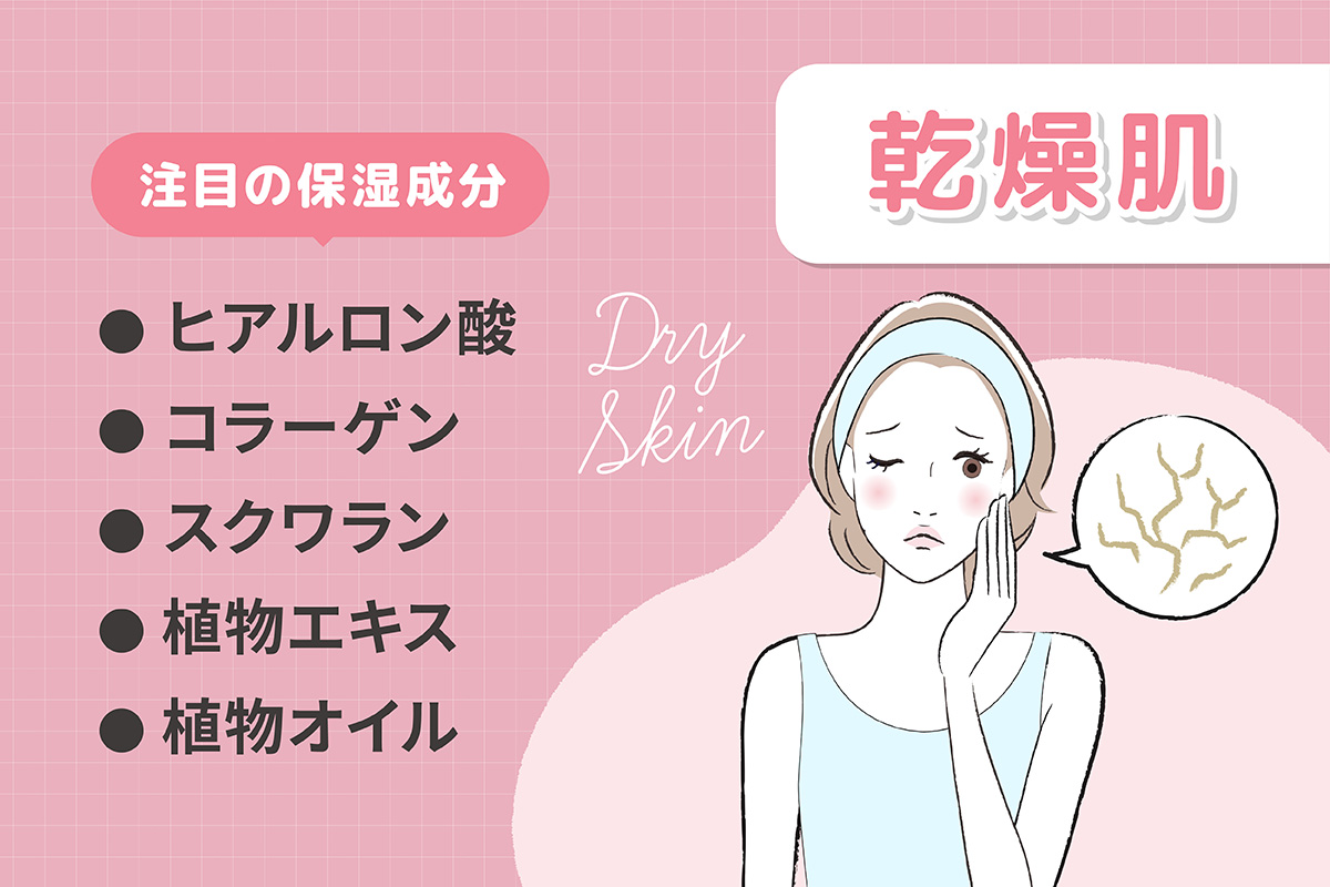 乾燥肌ならヒアルロン酸・コラーゲン・スクワラン・植物エキス・植物オイルなどの保湿成分に注目。