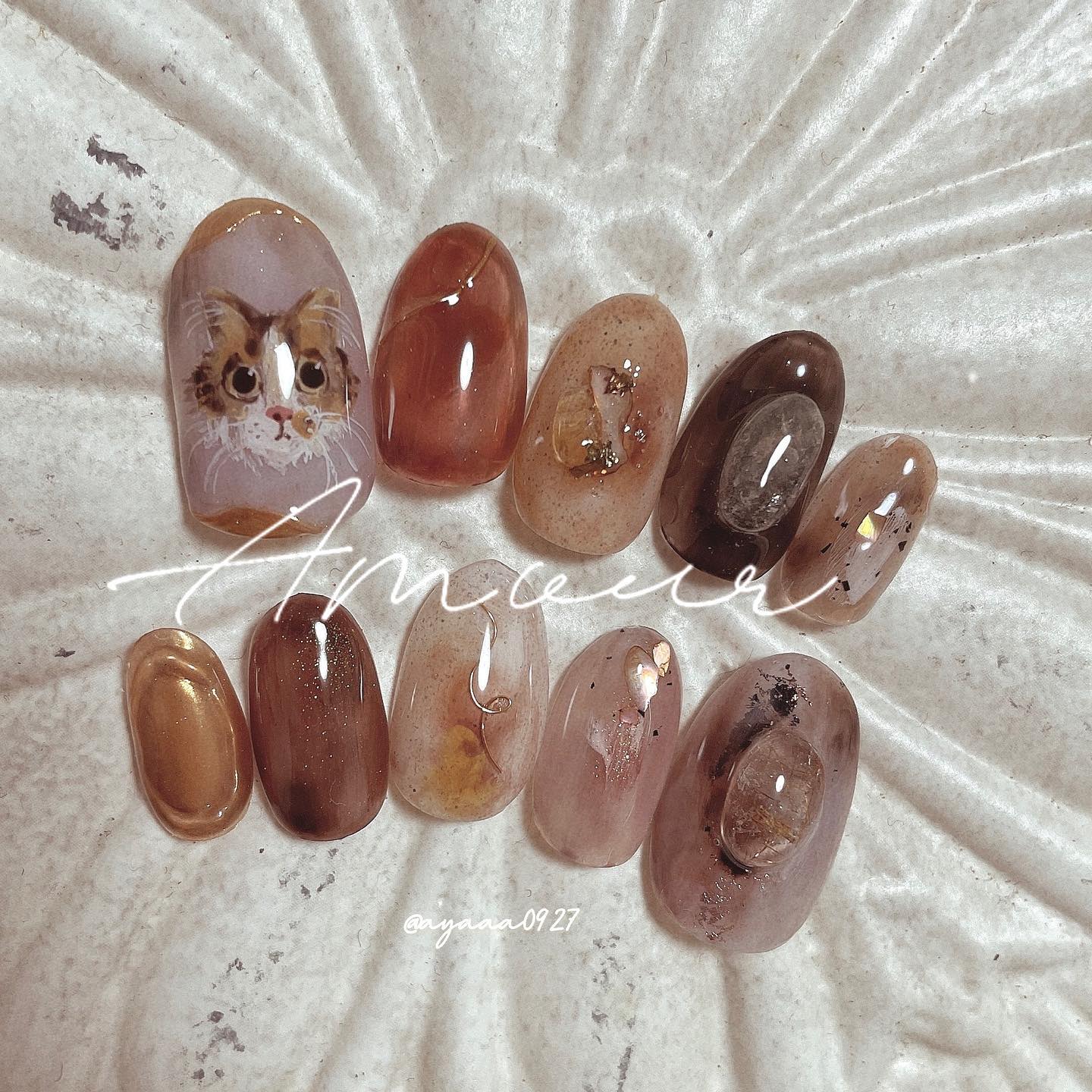 #ねこネイル,#ブラウンネイルのネイルデザイン