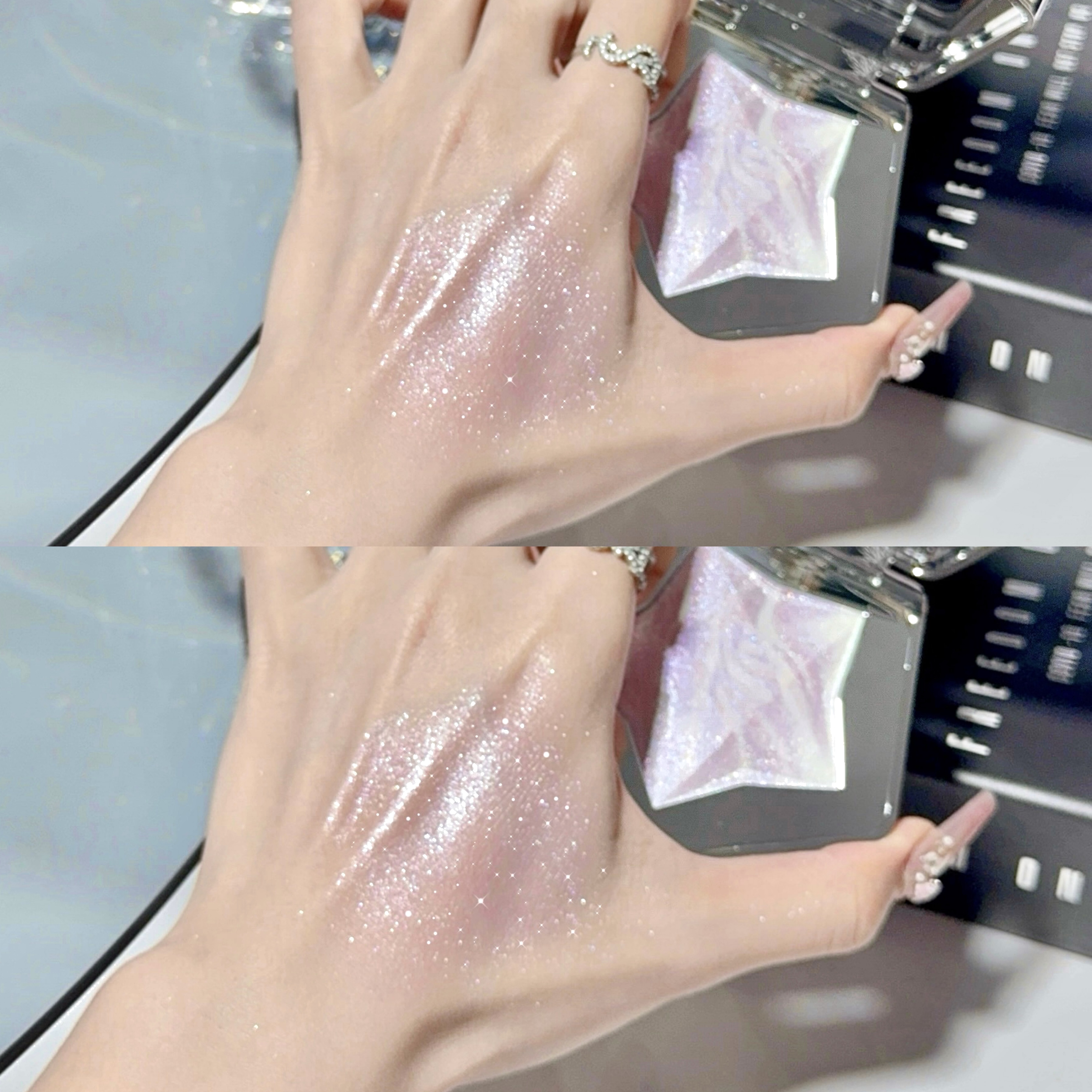 より可愛さをプラスしたい方にはN08のネビュラパープルがオススメ🪅
ピンクとパープルのラメが肌により馴染み、
マーブル状にミックスされたカラーが光によってピンク、パープル、シルバーなどいろんなキラメキを見せてくれます🧸💫

-----