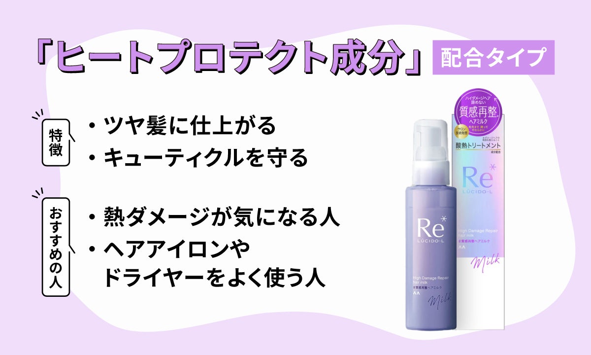 ヒートプロテクト成分はキューティクルを守りツヤ髪に仕上がる。熱ダメージが気になる人、ヘアアイロンやドライヤーをよく使う人におすすめ。