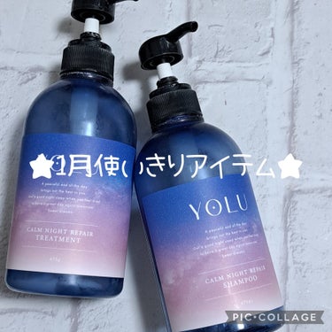 1月の使いきりアイテム🎵

『YOLU  カームナイトリペアシャンプー／トリートメント』✨️
私の髪にとっても合っていたシャンプー&トリートメント💡
シャンプーは泡立ちも良く、洗いあがりも軋まずシャンプ