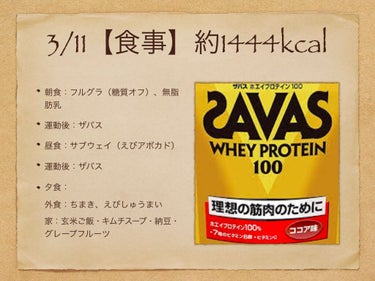 2020年3月11日
【食事】約1444kcal
朝食：フルグラ（糖質オフ）、無脂肪乳
運動後：ザバス
昼食：サブウェイ（えびアボカド）
運動後：ザバス
夕食： 外食：ちまき、えびしゅうまい