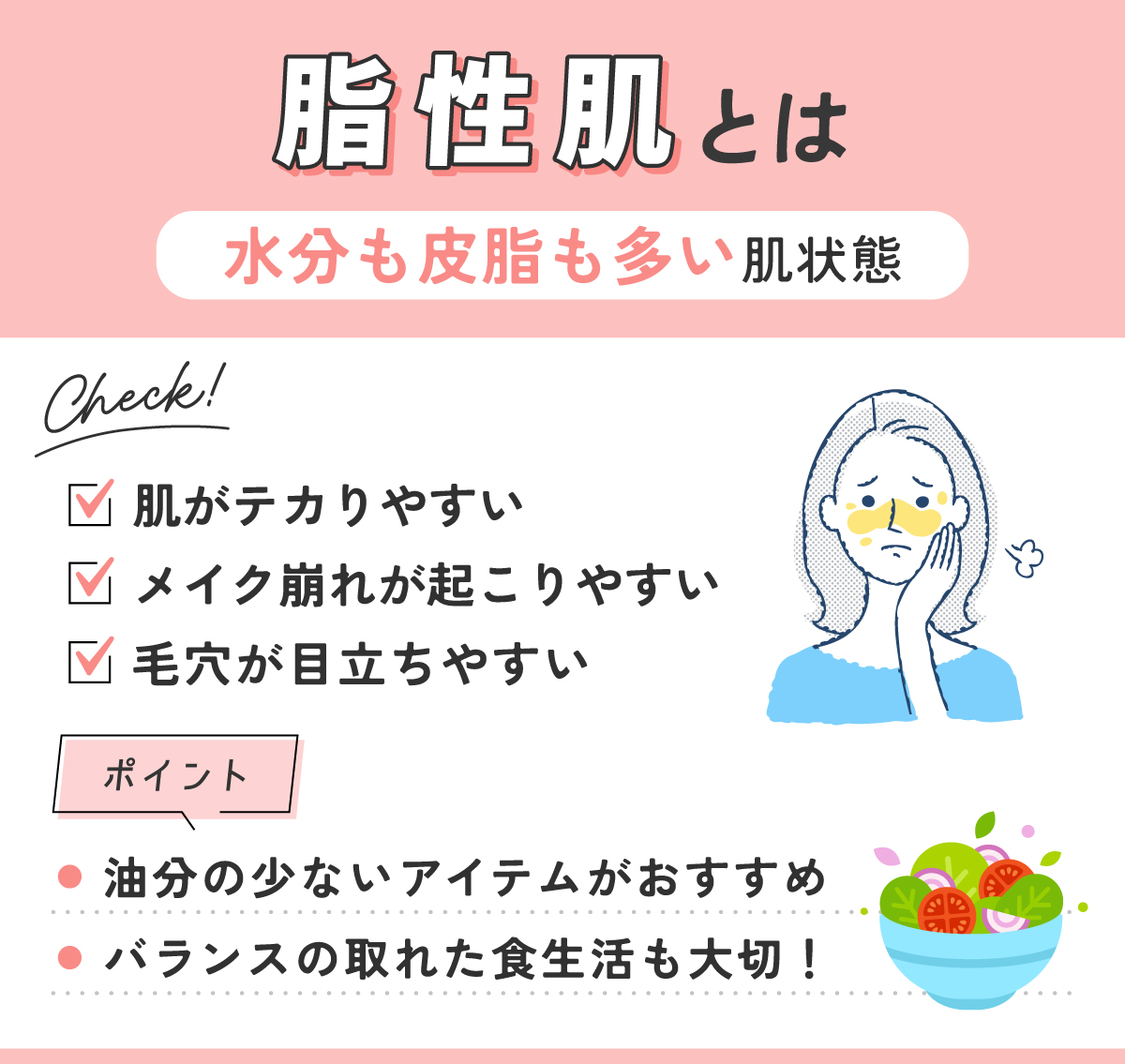 脂性肌とは水分も皮脂も多い肌状態。肌がテカりやすい・メイク崩れが起こりやすい・毛穴が目立ちやすいかチェック。ポイントは、油分の少ないアイテムがおすすめでバランスの取れた食生活も大切！