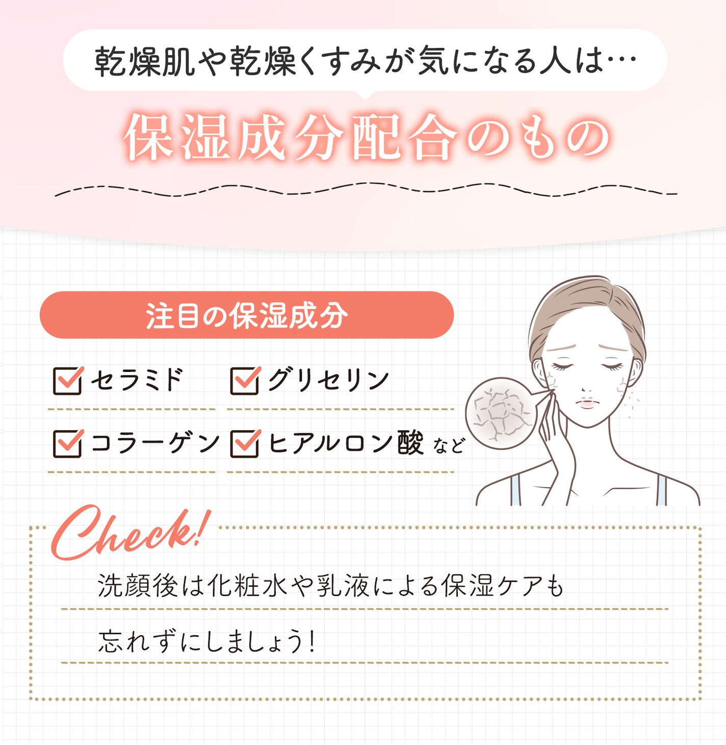乾燥肌や乾燥くすみが気になる人は保湿成分配合のもの。注目の保湿成分はセラミド・グリセリン・コラーゲン・ヒアルロン酸などです。洗顔後は化粧水や乳液による保湿ケアも忘れずにしましょう!