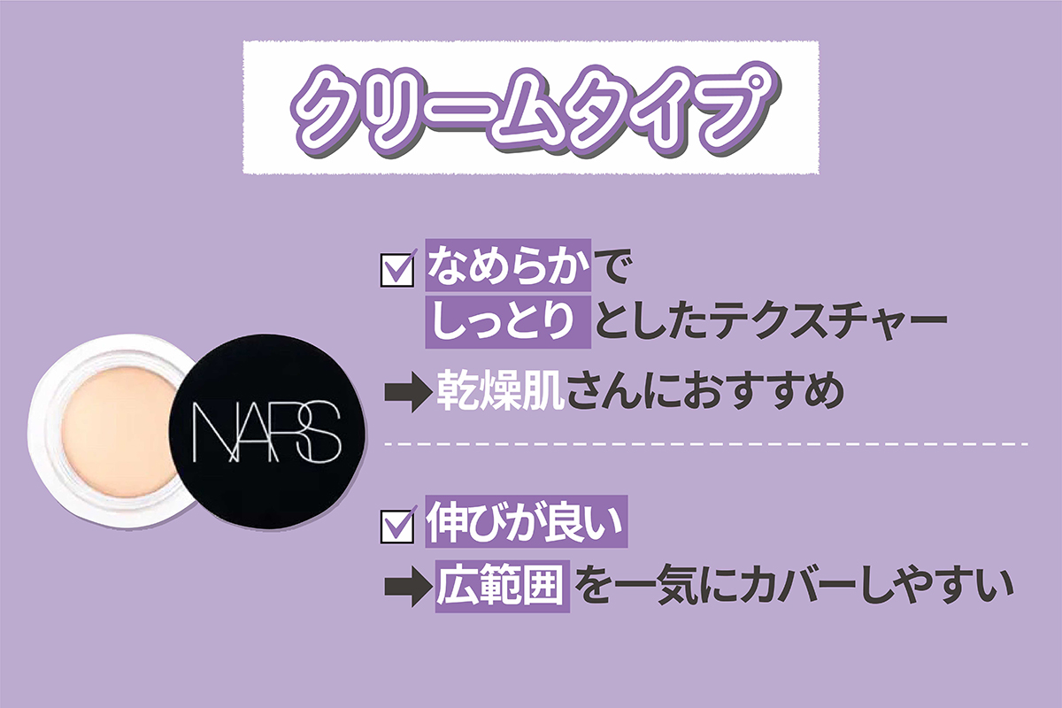 クリームタイプはなめらかでしっとりとしたテクスチャーで乾燥肌さんにおすすめ。伸びが良いので、広範囲を一気にカバーしやすい。