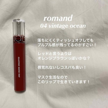 romand
グラスティングウォーターティント
04   vintage ocean

----- 個人の感想
・コスパ良い
・唇が荒れない
・ぷるぷる唇になれる (ティッシュオフ後も)
・色落ちしにく