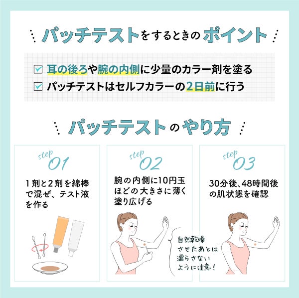 パッチテストをするときのポイント。耳の後ろや腕の内側に少量のカラー剤を塗る。パッチテストはセルフカラーの2日前に行う。パッチテストのやり方。まず1剤と2剤を綿棒で混ぜ、テスト液を作る。腕の内側に10円玉ほどの大きさに塗り広げたら、30分後、48時間後の肌状態を確認。自然乾燥させたあとは濡らさないように注意!