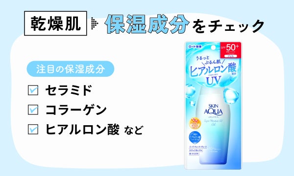 乾燥肌は保湿成分をチェック。注目の保湿成分はセラミド・コラーゲン・ヒアルロン酸などです。