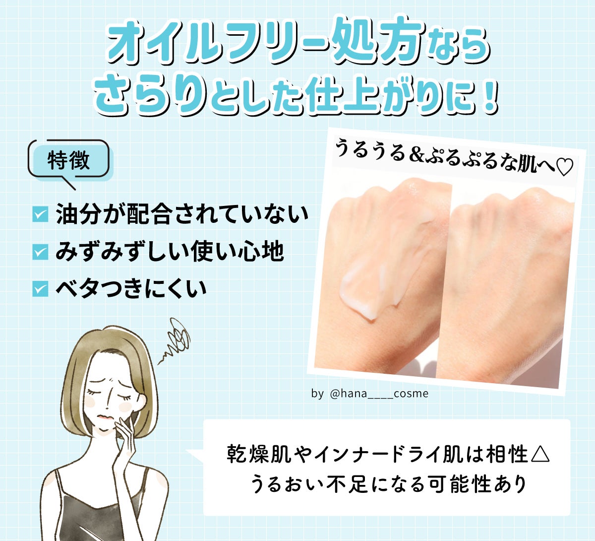 オイルフリー処方ならさらりとした仕上がりに。油分が配合されていないのでみずみずしい使い心地でベタつきにくいのが特徴です。乾燥肌やインナードライ肌はうるおい不足になる可能性あり相性はあまりよくありません。