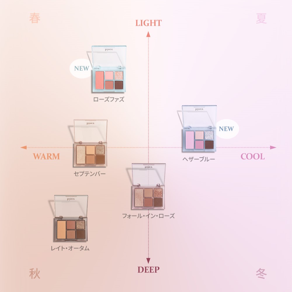 🎨パーソナルカラー別カラーチャート🎨

hinceオールラウンドアイパレットはもうお試しいただけましたか？🤭

今回の新色は既存カラーに比べてクリアで明度の高いライトトーン構成で、サマーシーズンに最適なソフトカラーで新しく発売されまし