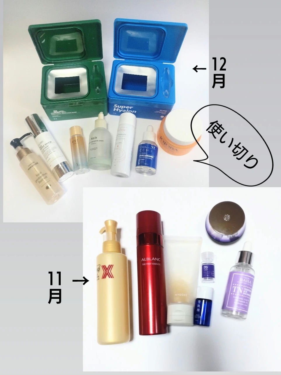 2024年11月・12月の使い切り！

11月〈下段左から〉
○オバジＸフレームリフトミルククレンジング(メイク落とし)
○アルブラン　ファーストエッセンス⭐️
○RELIEF 　カモミールマスク⭐️
○Bb lab.  水溶性プラセンタエ