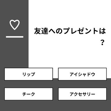 【質問】
友達へのプレゼントは？

【回答】
・リップ：57.9%
・アイシャドウ：21.1%
・チーク：0.0%
・アクセサリー：21.1%

#みんなに質問

===================