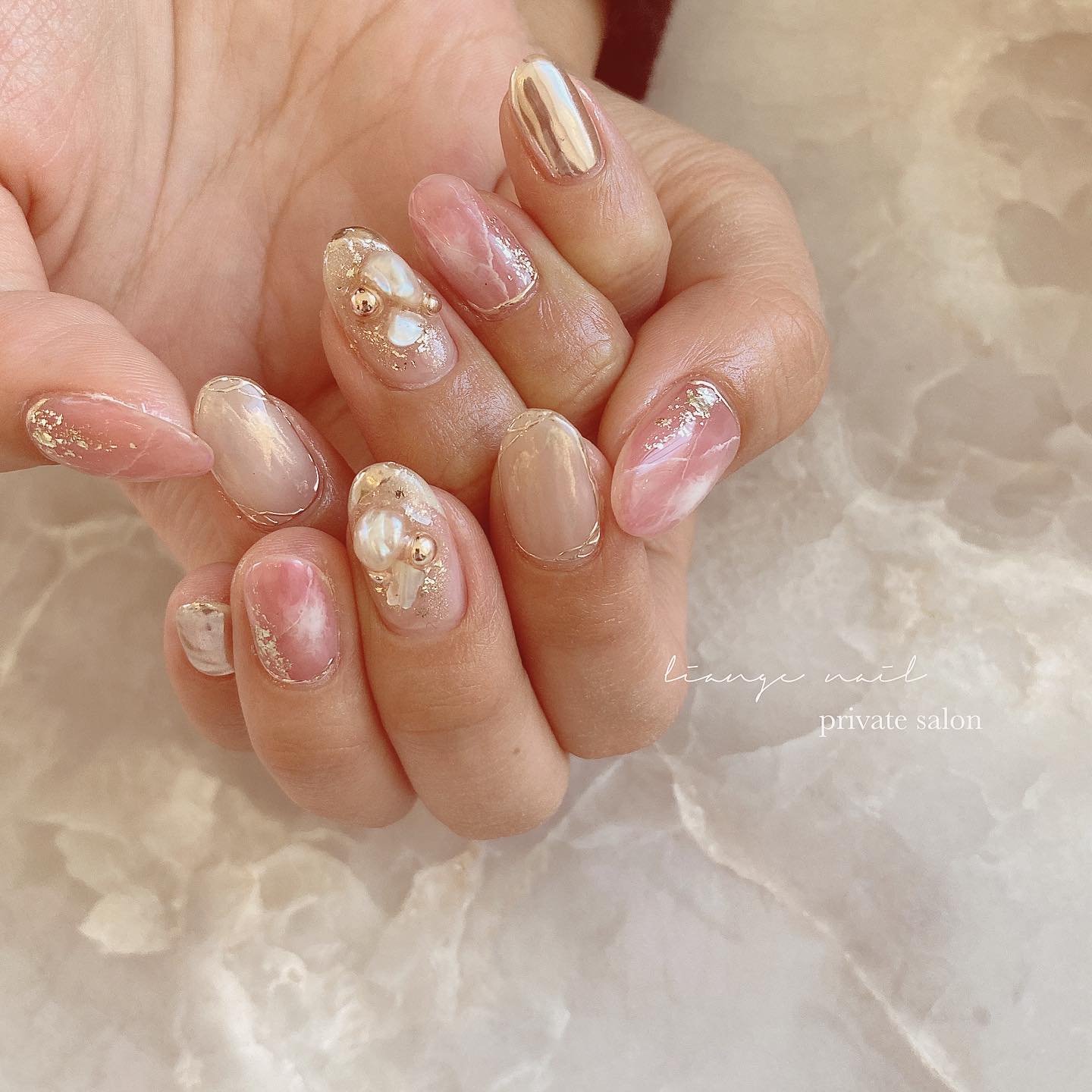 #リアンジェネイル,#柏ネイル,#ネイル,#ニュアンスネイル,#大人ニュアンスネイル,#シェルネイル,#ミラーネイル,#春ネイル,#天然石ネイルのネイルデザイン