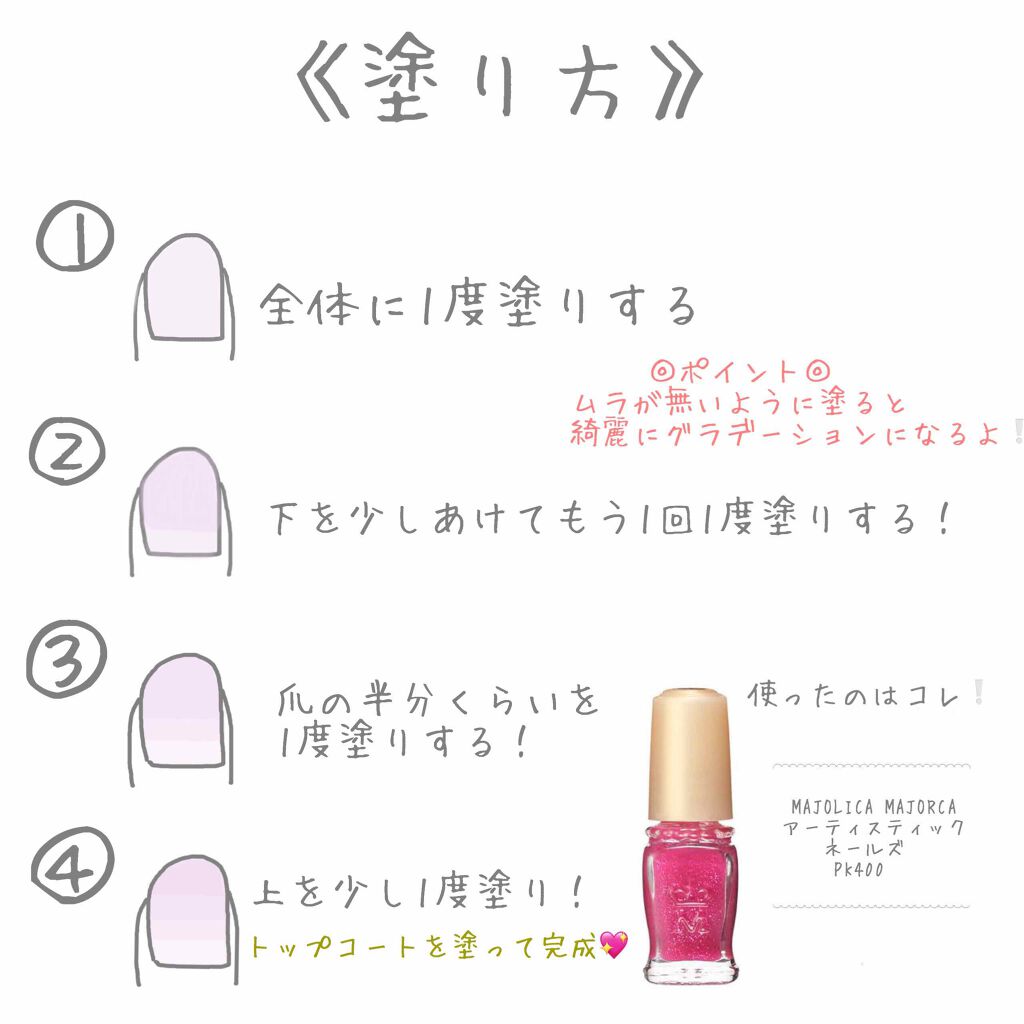 MAJOLICA MAJORCA アーティスティックネールズ(スピーディ&グロッシー)のクチコミ「グラデーションネイルがマニキュア1本で簡単に出来ちゃう！
利き手と反対でも汚くならないよ🥰
塗.....」（2枚目）