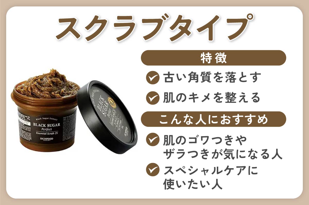 スクラブタイプは古い角質を落とす、肌のキメを整えるのが特徴。肌のゴワつきやザラつきが気になる人、スペシャルケアに使いたい人におすすめ。