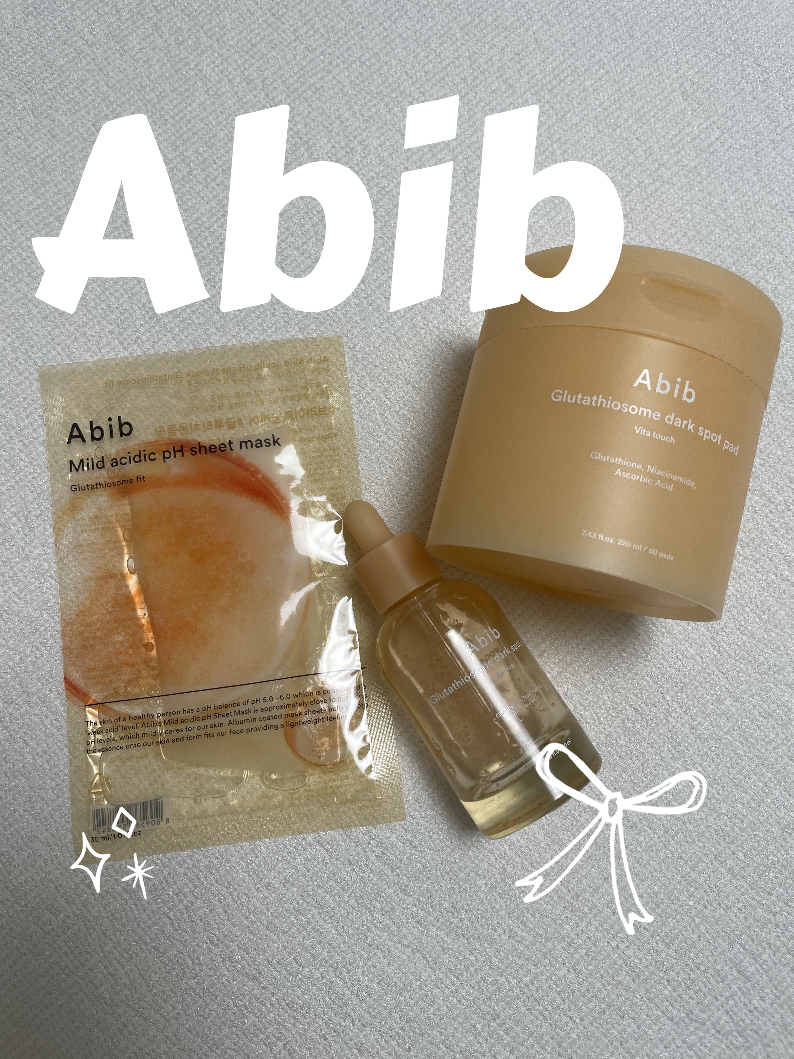 Abibのグルタチオンシリーズ✨
この夏ダメージを受けたお肌にもってこいのアイテムたちです！

グルタチオンソームダークスポットセラムビタドロップ
見た目も可愛いセラムはグルタチオンがカプセルに入っていて塗った瞬間カプセルが弾けて浸透されま