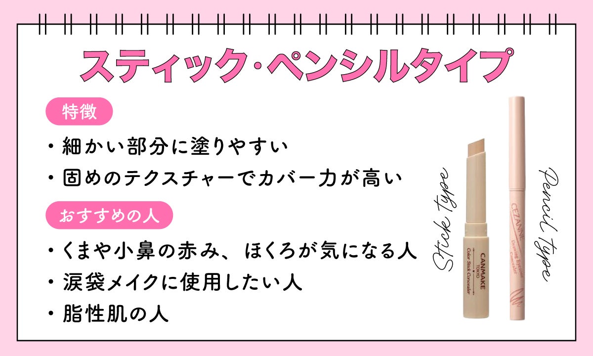 スティック・ペンシルタイプは細かい部分に塗りやすく固めのテクスチャーでカバー力が高いのが特徴。くまや小鼻の赤み、ほくろが気になる人、涙袋メイクに使用したい人、脂性肌の人におすすめ。