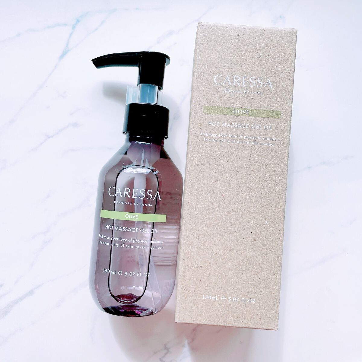 CARESSA ホットマッサージ ジェルオイル（オリーブ）のクチコミ「プッシュ式で使いやすいです。しっとりしたテクスチャのジェルオイルです。すっと伸びて、なじんでく.....」（1枚目）