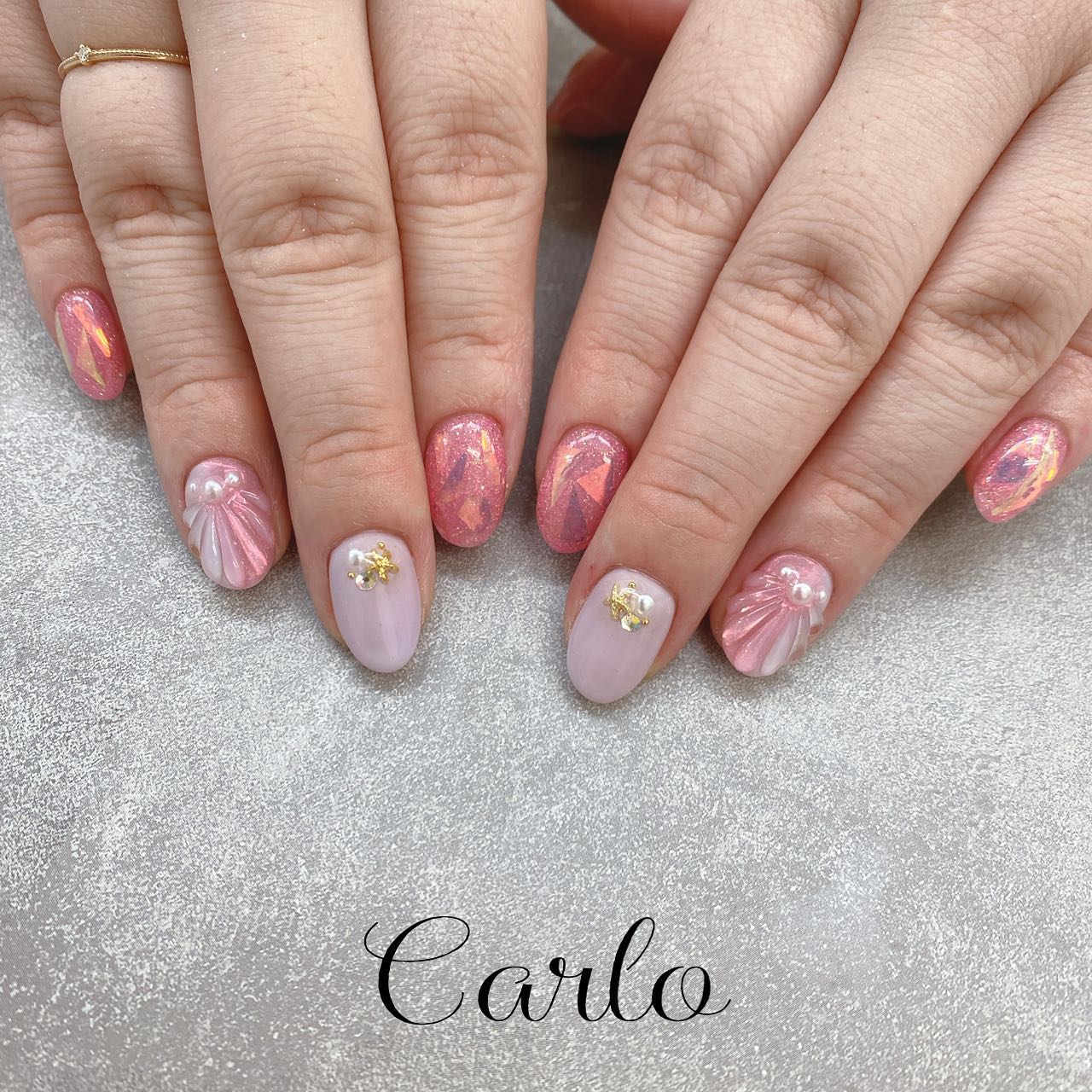 #シェルネイル,#ピンクネイル,#オーロラネイル,#夏ネイル,#うるうるネイルのネイルデザイン