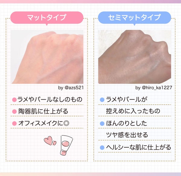 マットタイプはラメやパールなしのもので陶器肌に仕上がる。オフィスメイクにおすすめ。セミマットタイプはラメやパールが控えめに入ったものでほんのりとしたツヤ感を出せる。ヘルシーな肌に仕上がる。