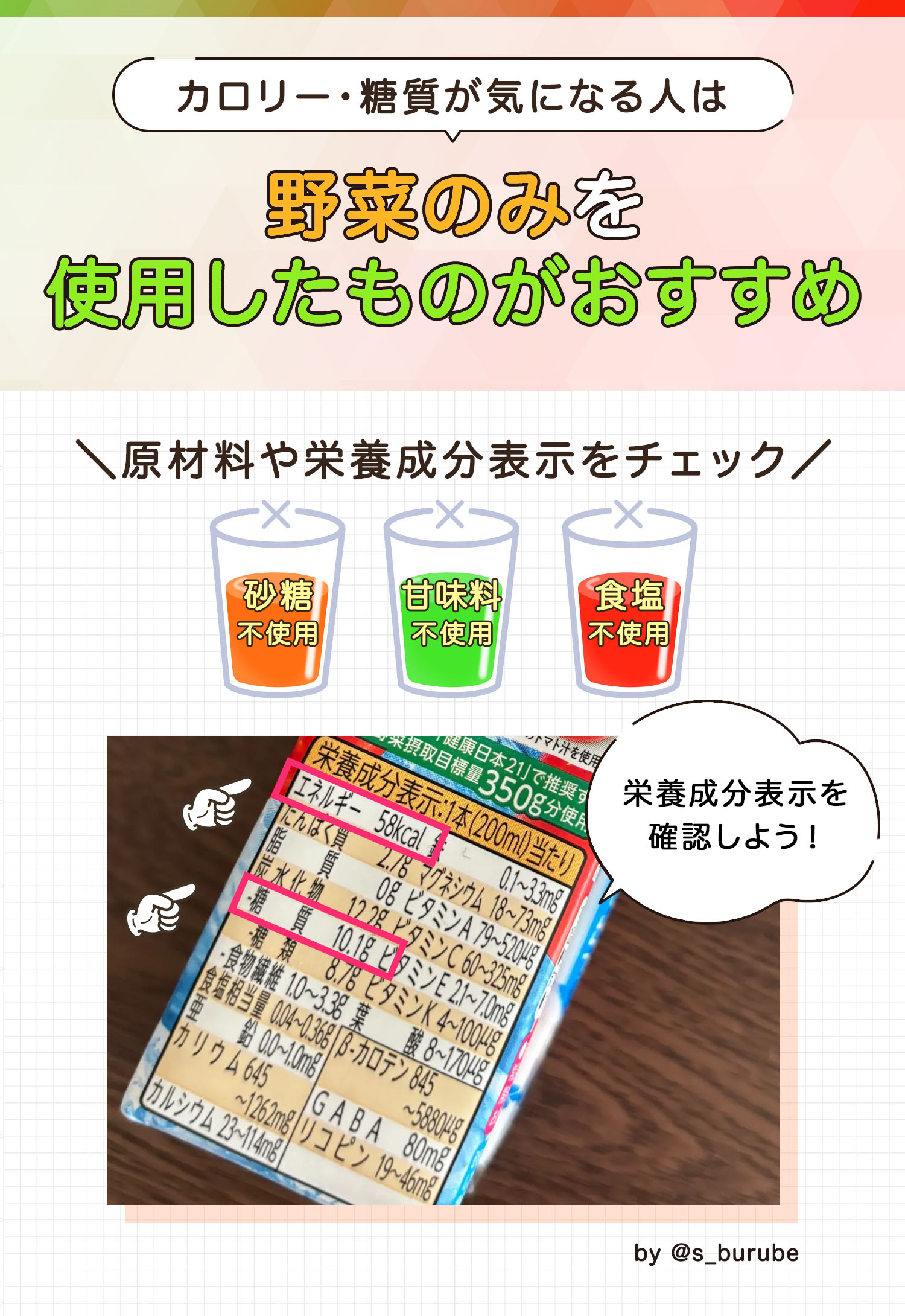 カロリー・糖質が気になる人は野菜のみを使用したものがおすすめ。原材料や栄養成分表示をチェック。砂糖不使用・甘味料不使用・食塩不使用など、栄養成分表示を確認しよう！