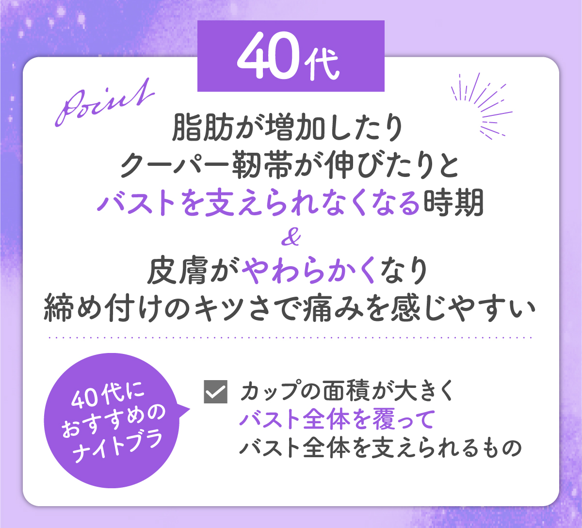 40代は脂肪が増加したりクーパー靭帯が伸びたりとバストを支えられなくなる時期で皮膚がやわらかくなり締め付けのキツさで痛みを感じやすくなります。カップの面積が大きくバスト全体を覆ってバスト全体を支えられるものがおすすめです。