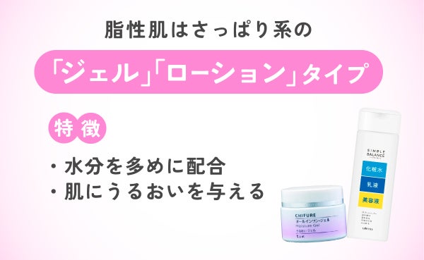 脂性肌はさっぱり系のジェル・ローションタイプがおすすめ。うるおい成分を多めに配合していて肌にうるおいを与えます。