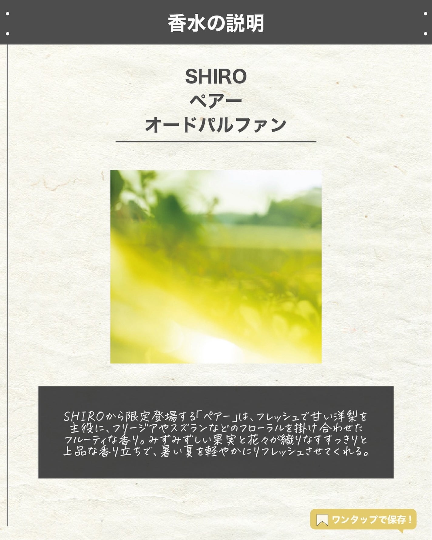 エスログ┊1日1分のモテ香水紹介 on LIPS 「.『シロ香水限定発売』🌳製品情報🌳SHIROペアーオードパルフ..」(2枚目)