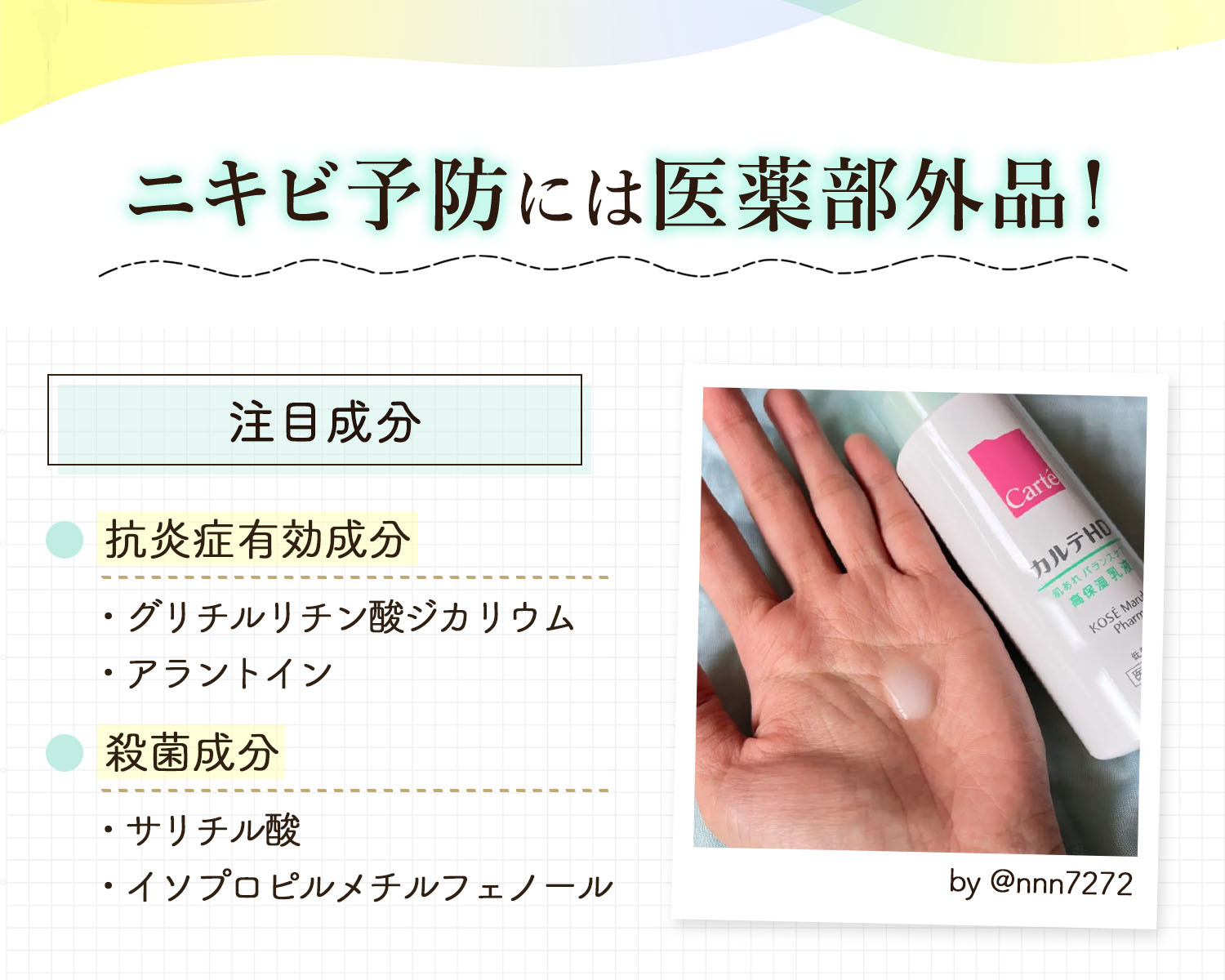 ニキビ予防には医薬部外品！注目成分は、抗炎症有効成分のグリチルリチン酸ジカリウム・アラントイン。殺菌成分のサリチル酸・イソプロピルメチルフェノール。