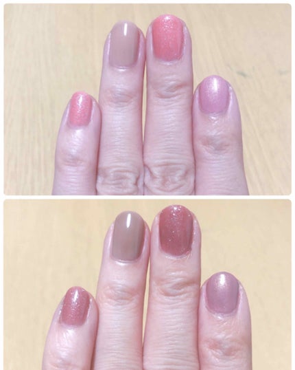 キャンメイク カラフルネイルズ ブラックトップコートのクチコミ「ブラックトップコートで色味チェンジ☆
去年買ったもの。
2枚目3枚目
上 ノーマル
下 ブ.....」(2枚目)