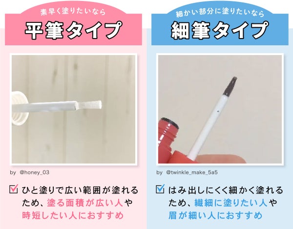 平筆タイプはひと塗りで広い範囲が塗れるため、塗る面積が広い人や、時短したい人におすすめ。細筆タイプははみ出しにくく細かく塗れるため、繊細に塗りたい人や、眉が細い人におすすめ。