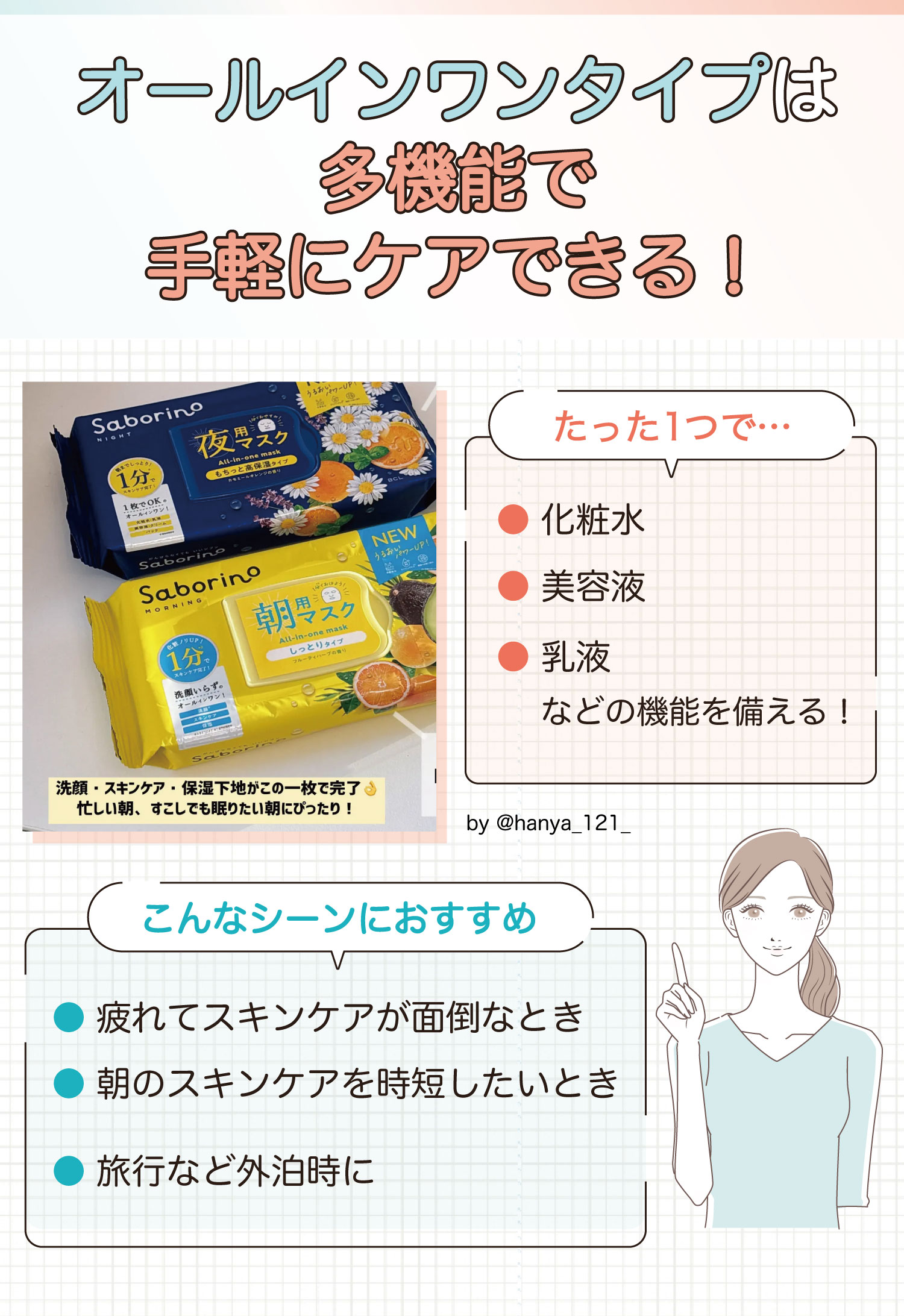 オールインワンタイプは多機能で手軽にケアできる！たった1つで化粧水・美容液・乳液などの機能を備える！疲れてスキンケアが面倒なとき・朝のスキンケアを時短したいとき・旅行など外泊時におすすめ。