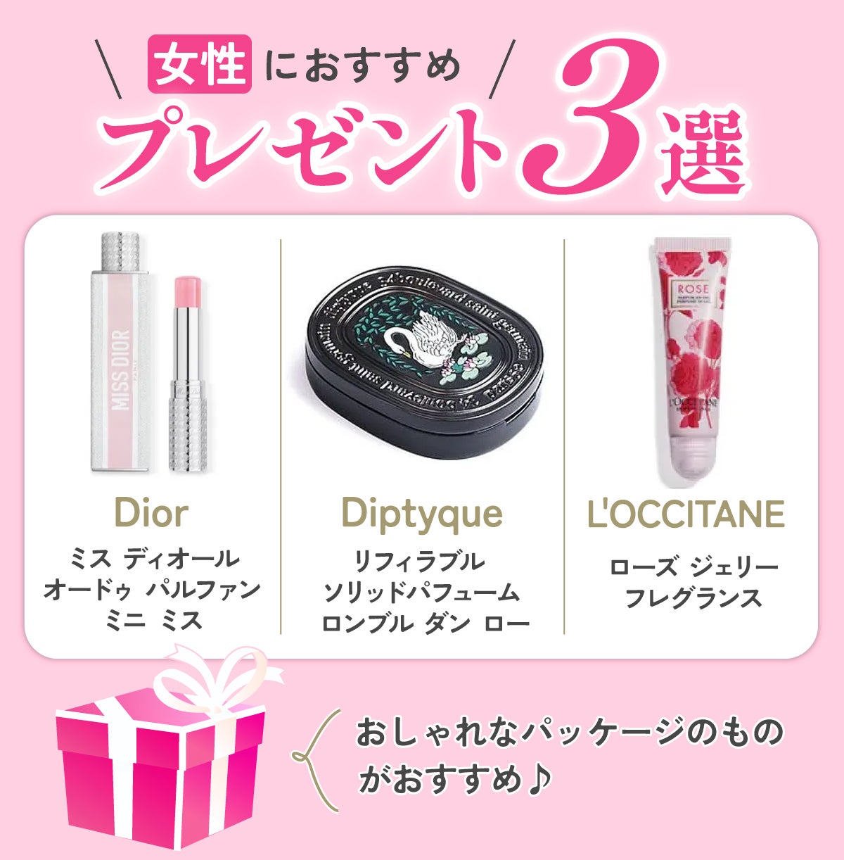 女性におすすめのプレゼント3選。Dior「ミス ディオール オードゥ パルファン ミニ ミス」・Diptyque「リフィラブル ソリッドパフューム ロンブル ダン ロー」・L'OCCITANE「ローズ ジェリーフレグランス」。