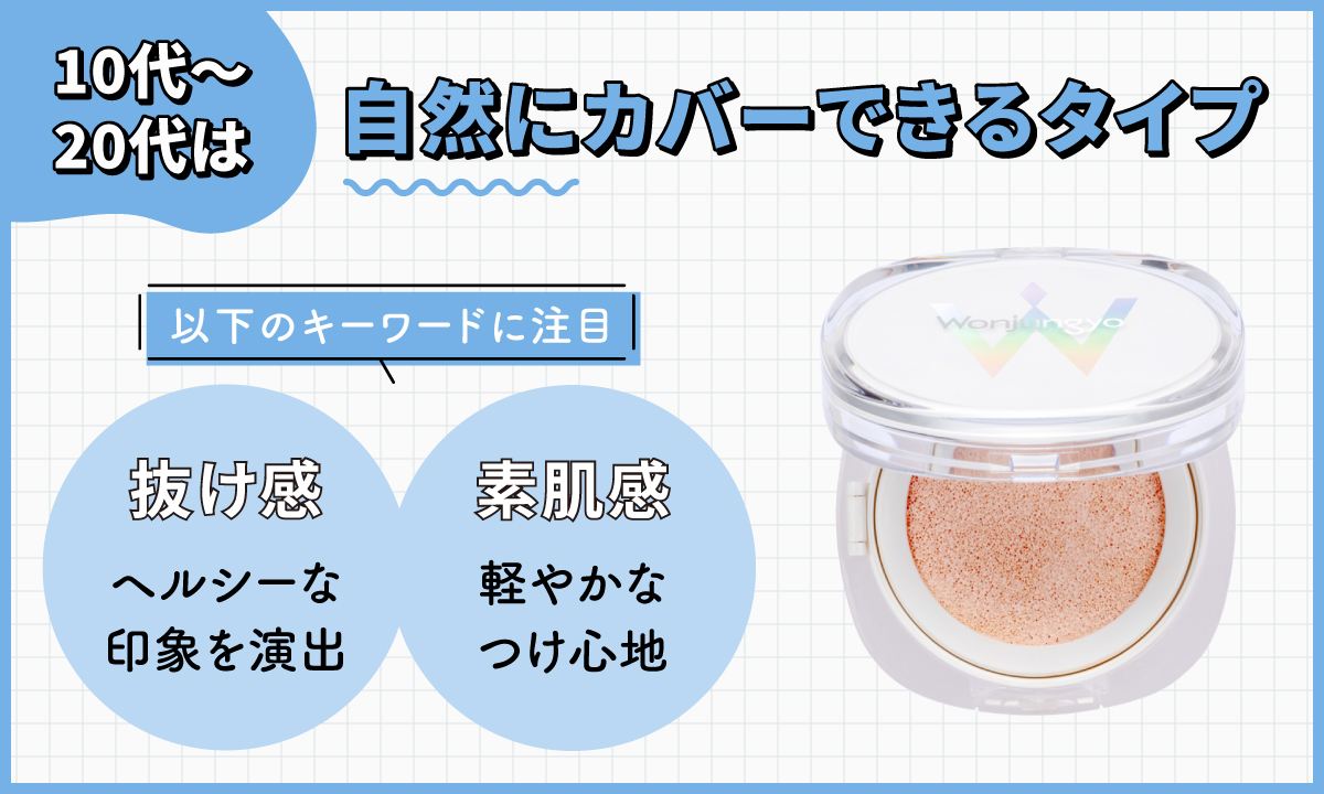 10代〜20代は自然にカバーできるタイプがおすすめ。ヘルシーな印象を演出できる抜け感や軽やかなつけ心地の素肌感というキーワードに注目。