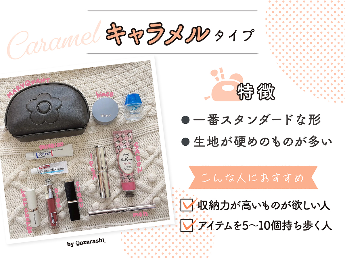 キャラメルタイプの特徴は一番スタンダードな形。生地が硬めのものが多い。収納力が高いものが欲しい人や、アイテムを5～10個持ち歩く人におすすめ。