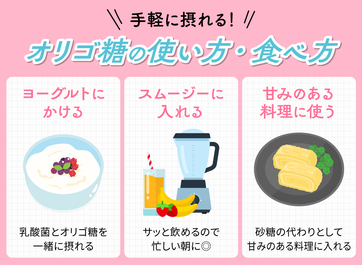 手軽に摂れる！オリゴ糖の使い方・食べ方。ヨーグルトにかけると乳酸菌とオリゴ糖を一緒に摂れる。スムージーに入れるとサッと飲めるので忙しい朝に◎。砂糖の代わりとして甘みのある料理に入れる使い方も。