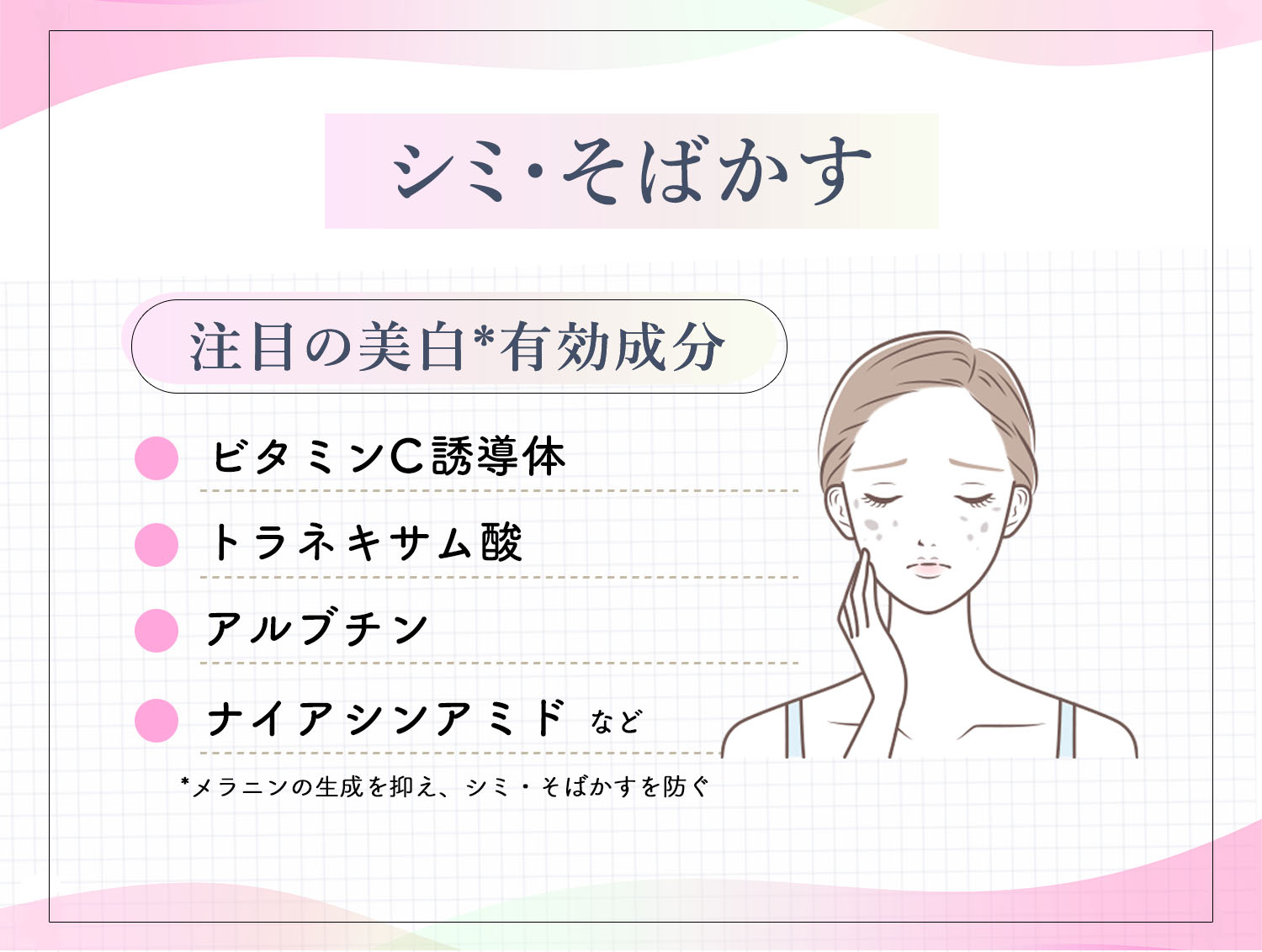 シミ・そばかすの注目の美白*有効成分は、ビタミンC誘導体・トラネキサム酸・アルブチン・ナイアシンアミド など。*メラニン生成を抑え、シミ・そばかすを防ぐ