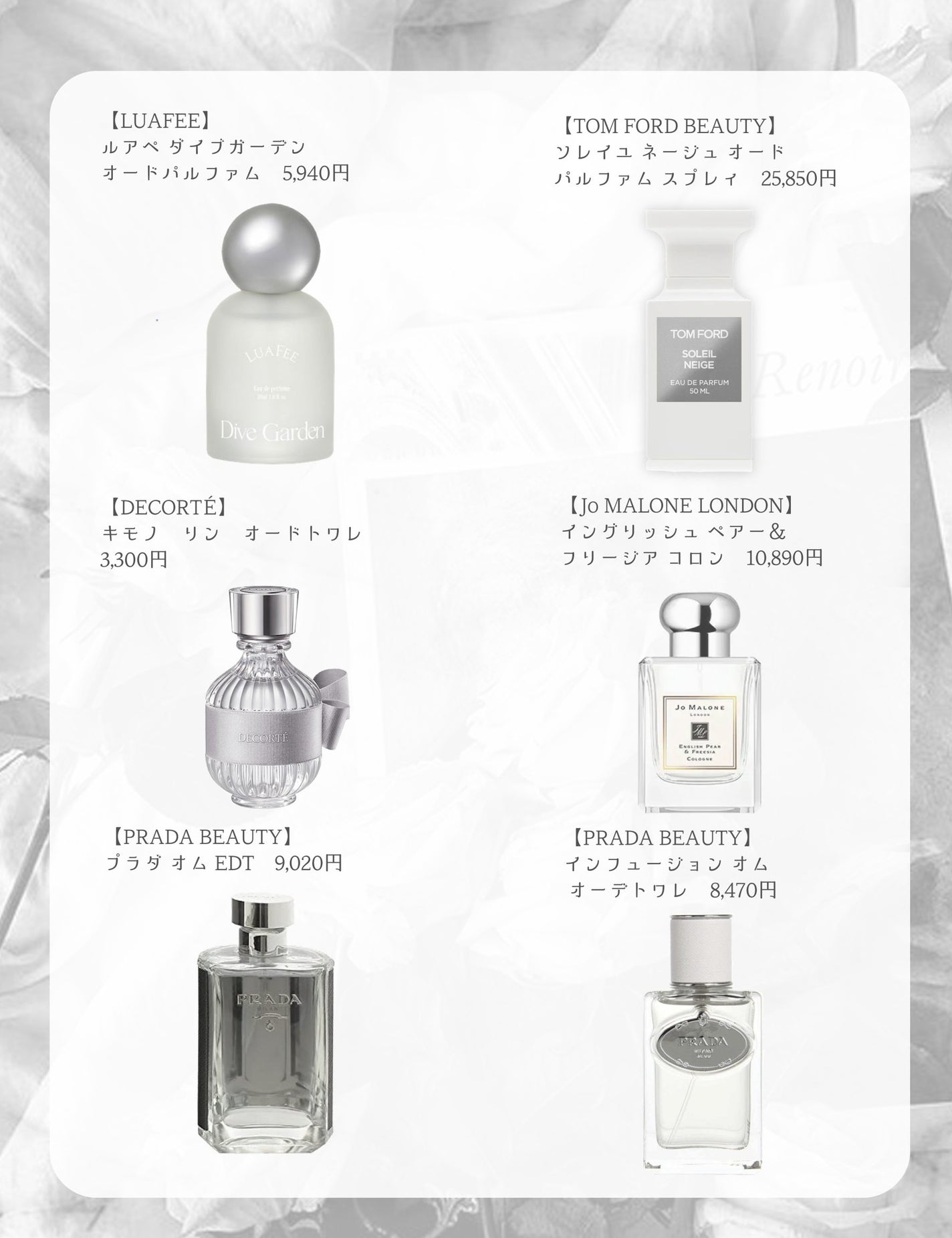 GUCCI・Jo MALONE LONDON・PRADA BEAUTY・ZARA・diptyque・TOM GUCCI・Jo MALONE LONDON・PRADA BEAUTY・ZARA・diptyque・TOM