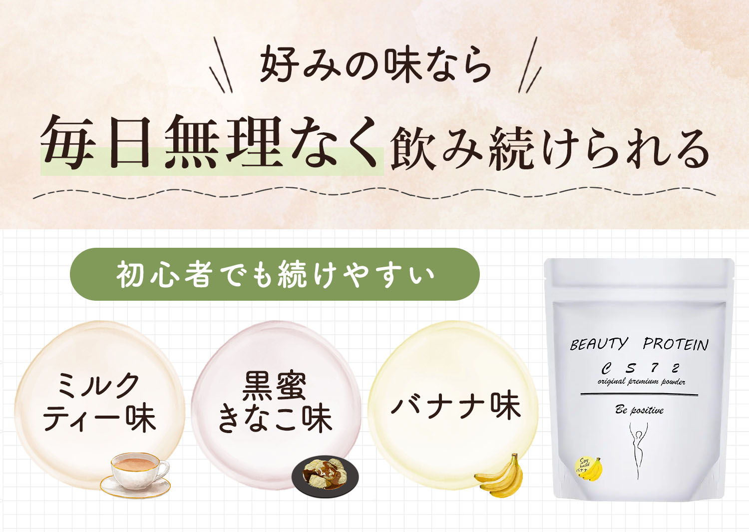 好みの味なら毎日無理なく飲み続けられる。初心者でも続けやすいのはミルクティー味・黒蜜きなこ味・バナナ味。