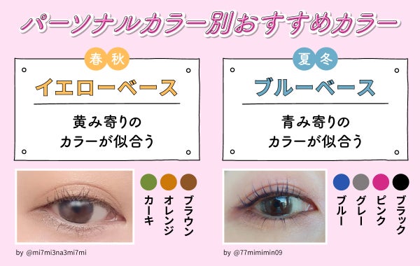 パーソナルカラー別おすすめカラー。春秋タイプのイエローベースは黄み寄りのカラーが似合うのでブラウン・オレンジ・カーキがおすすめ。夏冬タイプのブルーベースは青み寄りのカラーが似合うので、ブラック・ピンク・グレー・ブルーがおすすめ。