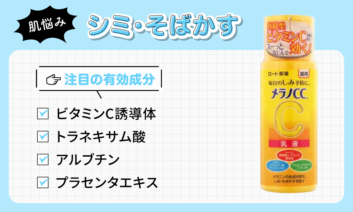 シミ・そばかすの肌悩みに注目の有効成分はビタミンC誘導体・トラネキサム酸・アルブチン・プラセンタエキス。