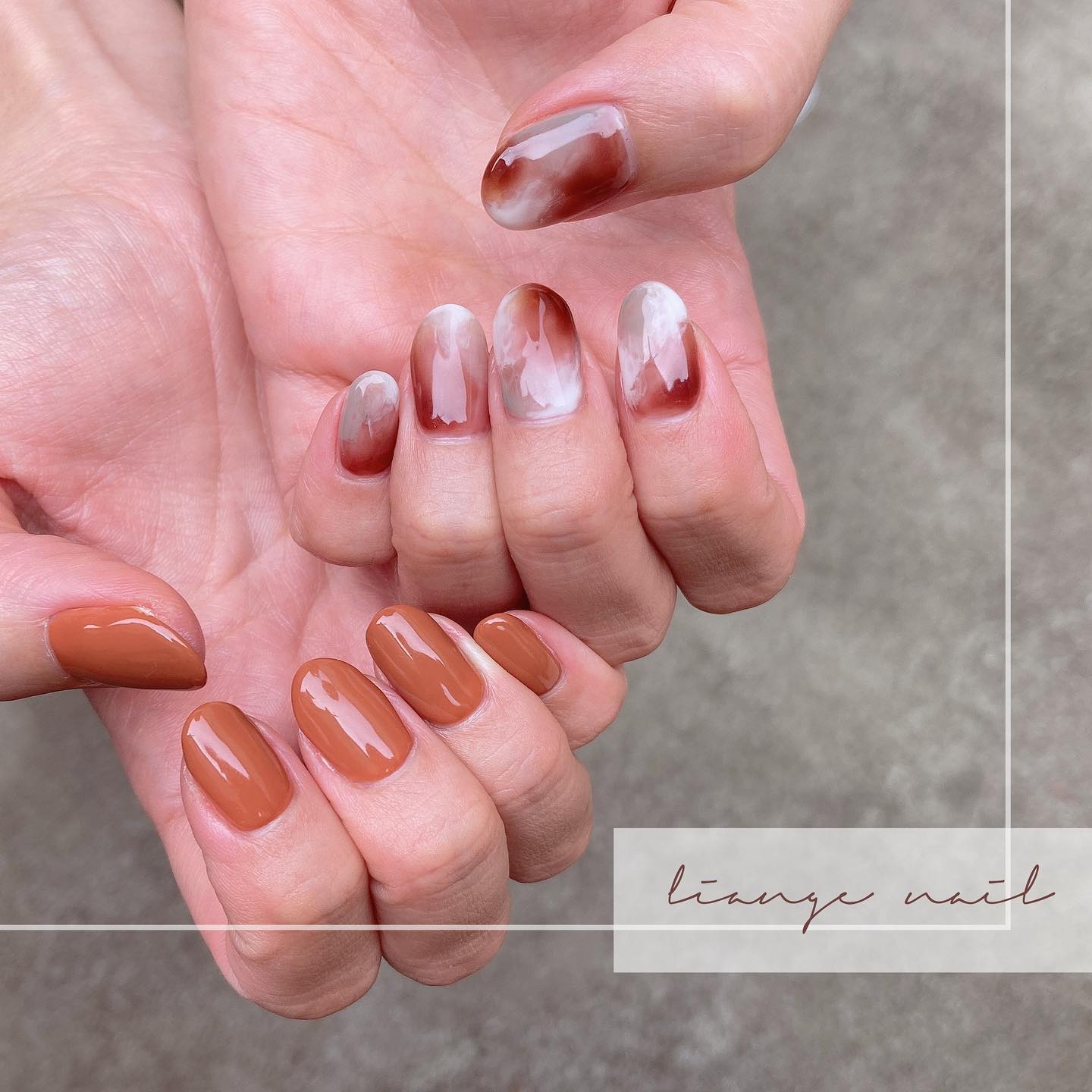 #リアンジェネイル,#柏ネイル,#ネイル,#トレンドネイル,#カフェオレネイル,#アシメネイル,#秋ネイル,#もやもやネイルのネイルデザイン