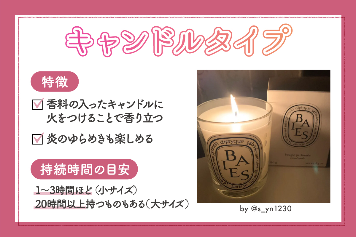 キャンドルタイプの特徴は、香料の入ったキャンドルに火をつけることで香り立つことと、炎のゆらめきも楽しめること。持続時間の目安は1～3時間ほど（小サイズ）。20時間以上持つものもある（大サイズ）。