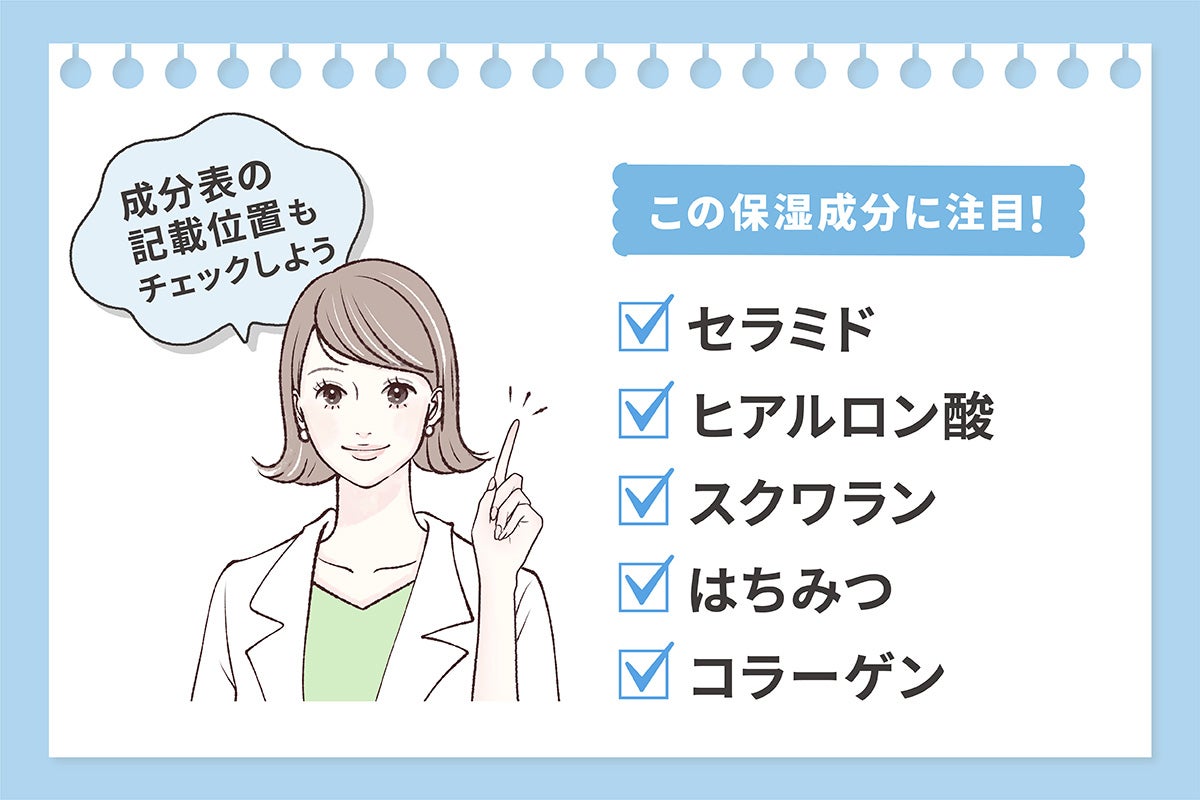 セラミド・ヒアルロン酸・スクワラン・はちみつ・コラーゲンの保湿成分に注目!成分表の記載位置もチェックしよう。