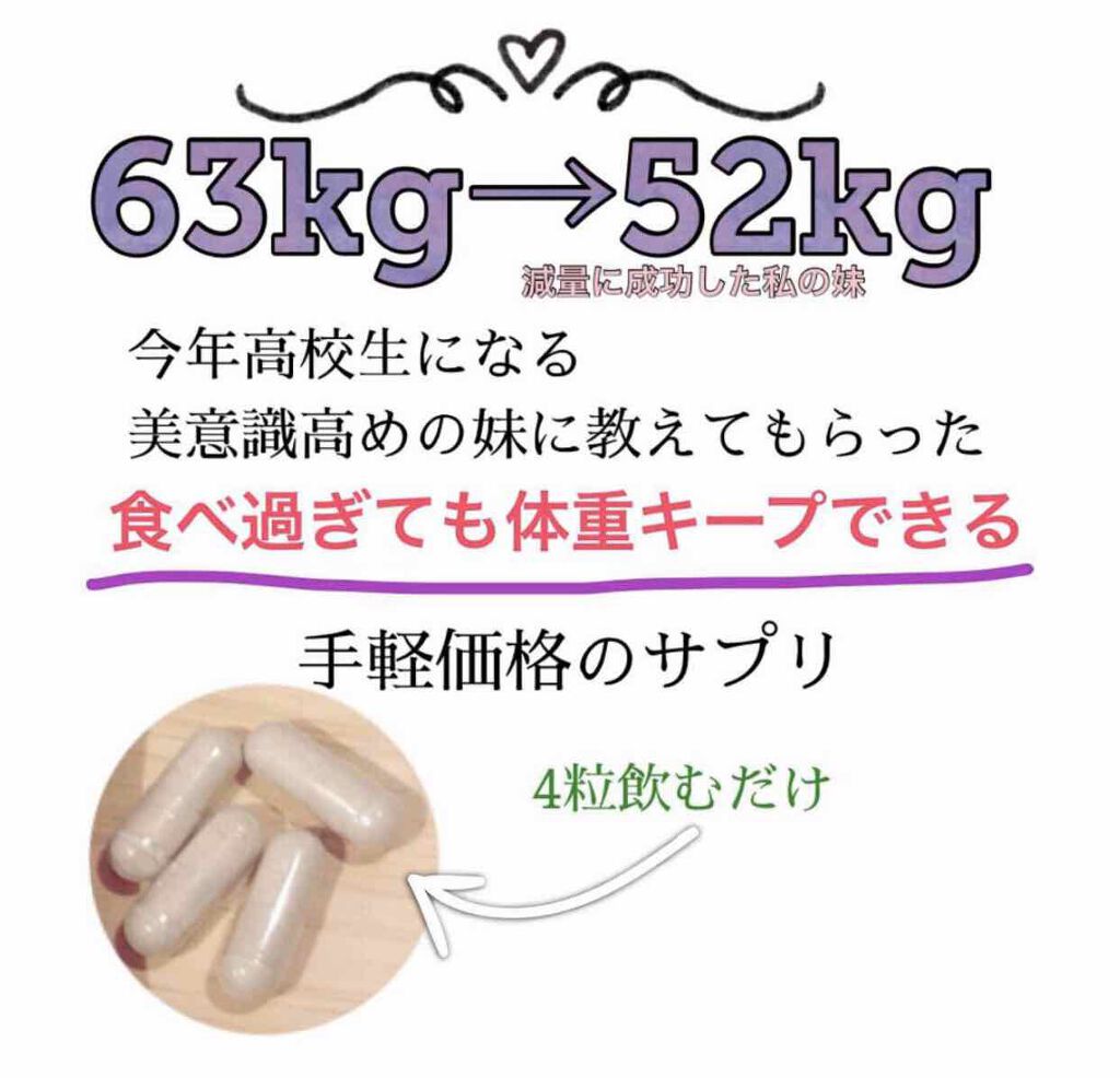 美意識高めのもうすぐ高校生の妹からすすめられた、食べ過ぎても体重キープできる良いサプリだそうです。
そして、ちょっと食事のコントロールをするだけで体重が減りやすくなるそうです❤️

私は昨日の夜に購入して、早速4粒飲んだばかりだけなので、私