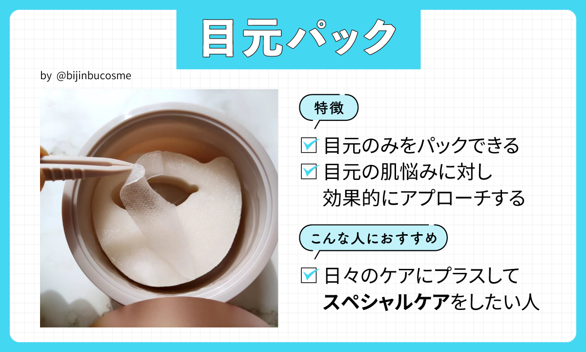 目元パックの特徴は目元のみをパックでき、目元の肌悩みに対し効果的にアプローチする。日々のケアにプラスしてスペシャルケアをしたい人におすすめ。