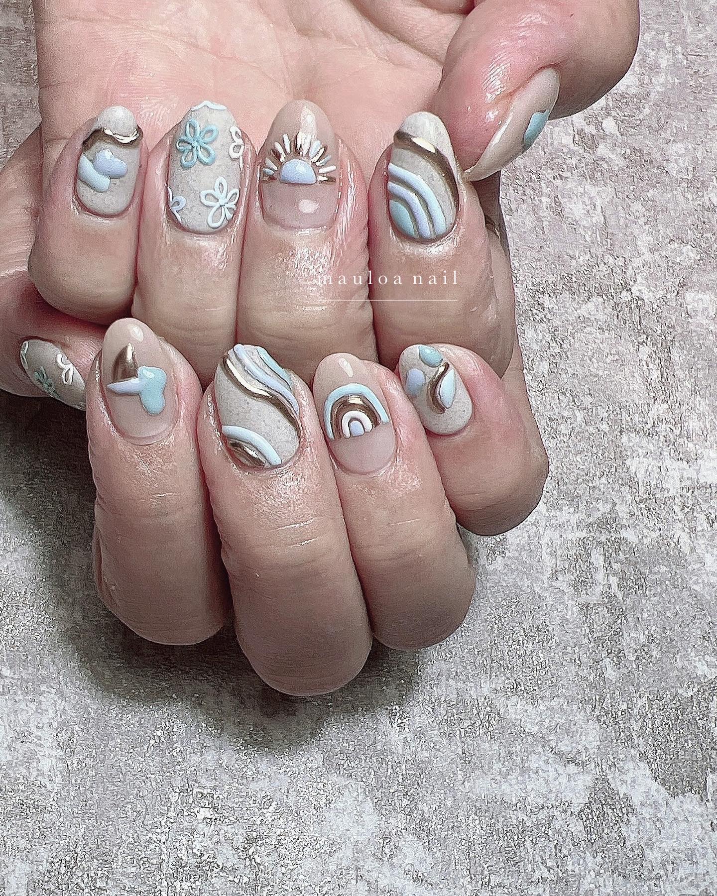 #海ネイル,#ネイル,#アートネイル,#ハワイアンジュエリーネイル,#ミラーアートネイル,#サンドネイル,#フレンチネイル,#ブルーネイル,#ミラーネイル,#手書きアートネイル,#サマーネイル,#太陽ネイル,#ミラーネイル,#シルバーアクセネイル,#虹ネイル,#天王寺ネイルのネイルデザイン