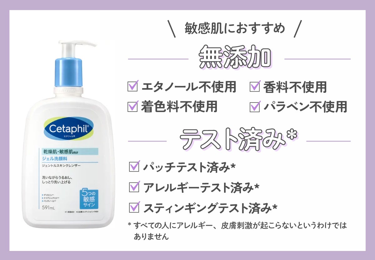 敏感肌におすすめなのは、無添加やテスト済み。無添加は、エタノール不使用・着色料不使用・香料不使用・パラベン不使用。テスト済み*は、パッチテスト済み*・アレルギーテスト済み*・スティンギングテスト済み*。*すべての人にアレルギー、皮膚刺激が起こらないというわけではありません