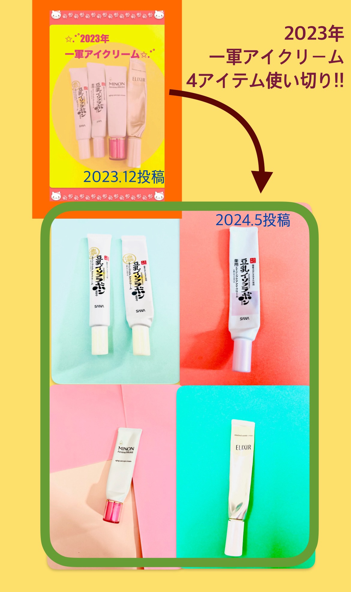 エリクシール・なめらか本舗・ミノンのアイケア・アイクリームを使った