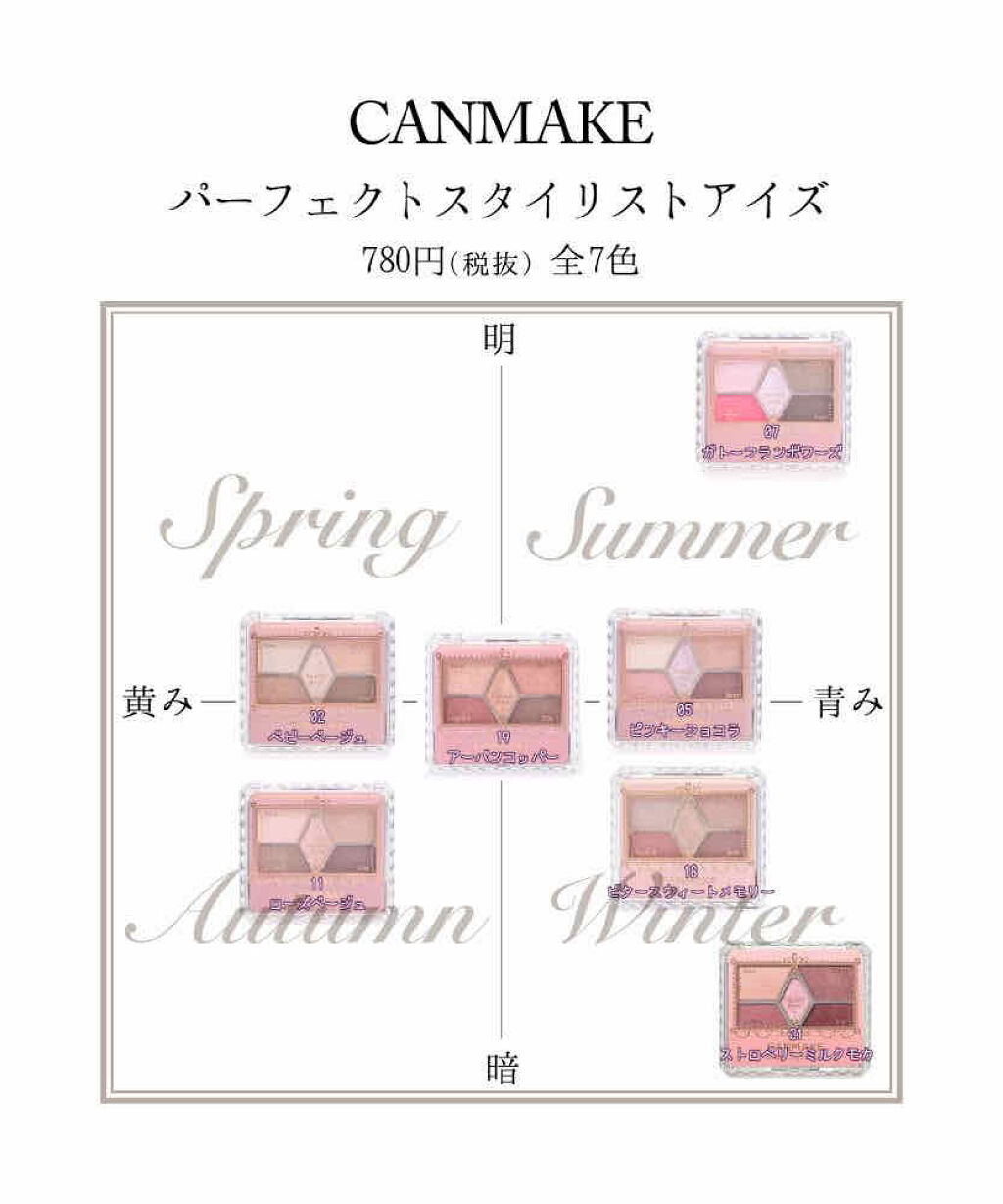 こんばんは🌇
今日も一日お疲れ様でした😌

東京はコロナの感染者が
増えていますね😵
私も気をつけて生活します😌

今日は
CANMAKE パーフェクトスタイリストアイズを
パーソナルカラーで色分けしてみました💛

一つのパレット
